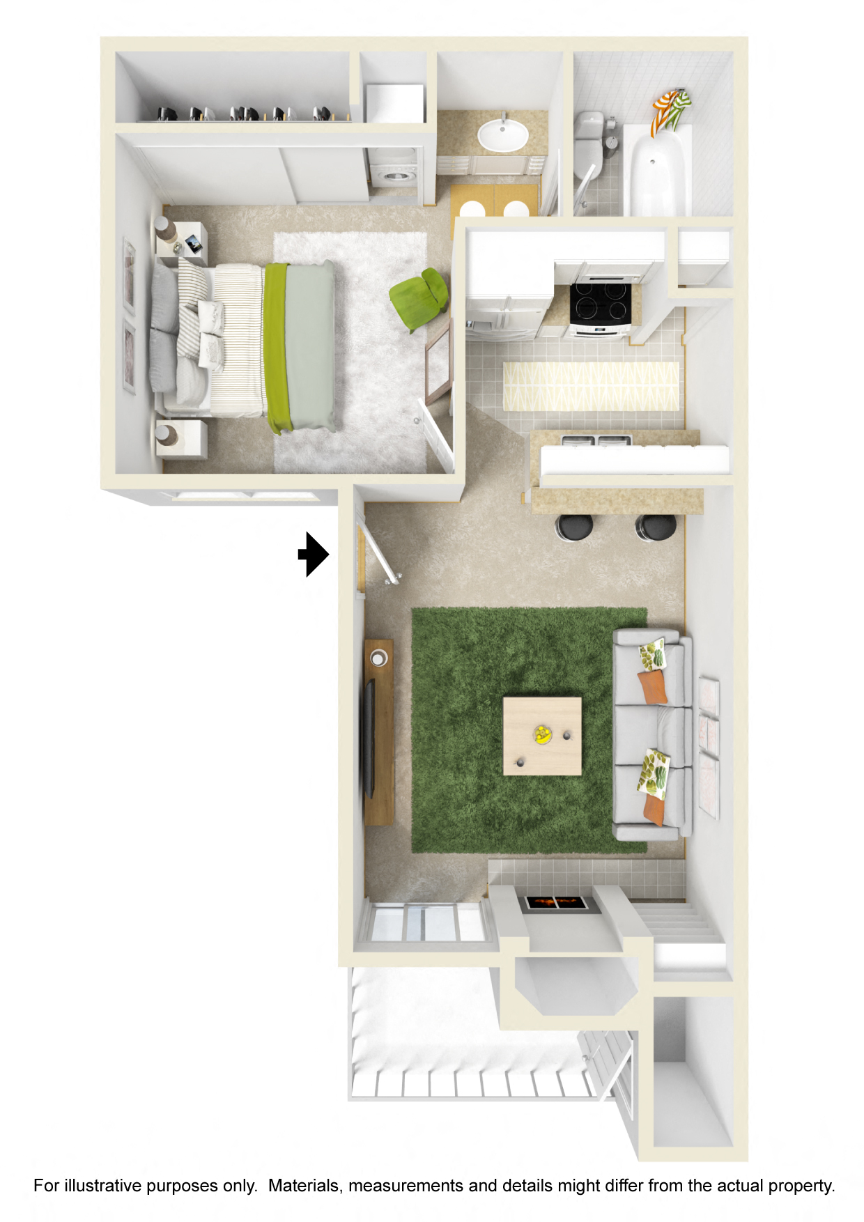 Floor plan for 1 bed, 1 bath, 471 sqft